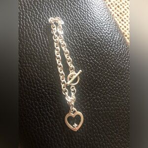 Sterling Silver Open Heart Pendant cable link Bracelet - with diamond